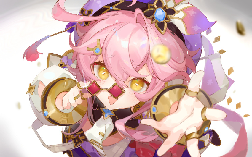 1girl absurdres detached_sleeves dori_(genshin_impact) genshin_impact highres jewelry miermere multiple_rings open_mouth pince-nez pink-tinted_eyewear pink_hair puffy_detached_sleeves puffy_sleeves purple_headwear ring sidelocks smile solo symbol-shaped_pupils tinted_eyewear x-shaped_pupils yellow_eyes