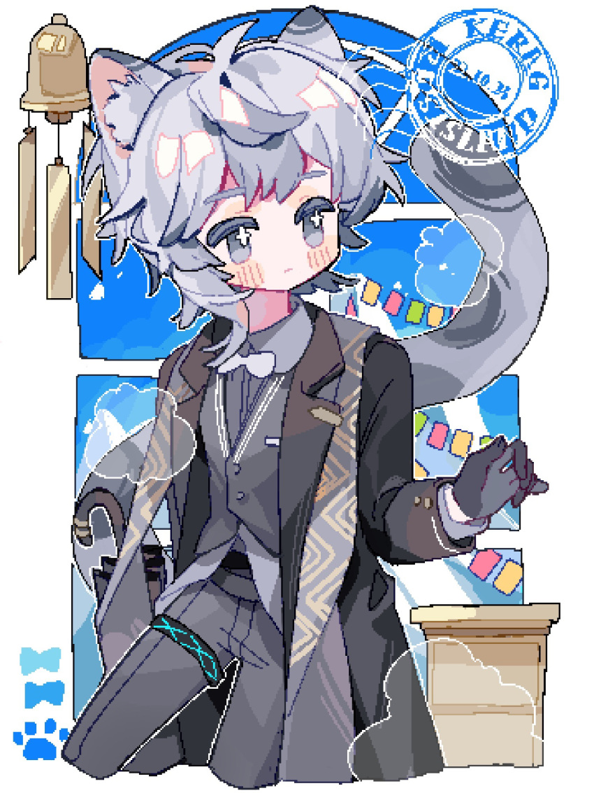 1boy animal_ear_fluff animal_ears arknights black_coat black_gloves blue_sky blush bow bowtie chinese_commentary coat collared_shirt commentary_request cropped_legs desk dust_cloud formal gloves grey_eyes grey_hair grey_pants grey_shirt grey_suit grey_vest highres infection_monitor_(arknights) leopard_boy leopard_ears leopard_tail looking_to_the_side male_focus official_alternate_costume pants paw_print pixelated saucer_(saucer752) shirt short_hair silverash_(arknights) silverash_(york's_bise)_(arknights) single_sidelock sky solo stamp_mark suit tail umbrella vest white_bow white_bowtie wind_chime window
