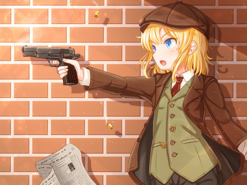 1girl black_coat black_pants blue_eyes breast_pocket brick_wall brown_coat brown_headwear brown_jacket browning_hi-power buttons chain coat cocked_hammer collared_shirt commentary cowboy_shot crossdressing english_commentary finger_on_trigger fingernails flat_cap floating floating_object from_side gun handgun hat highres holding holding_gun holding_weapon jacket lapels layered_clothes long_sleeves looking_ahead necktie newspaper notched_lapels open_clothes open_coat open_mouth original pants pocket red_necktie shadow shell_casing shirt short_hair smoke solo suzushiro_(gripen39) tomboy two-sided_coat two-tone_coat unbuttoned weapon white_shirt