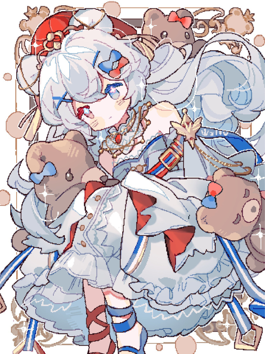 1girl animal_ears arknights asymmetrical_footwear bear_ears blue_bow blue_eyes blue_footwear border bow collar detached_collar detached_sleeves dress expressionless feet_out_of_frame flower-shaped_pupils hair_bow hair_ornament heterochromia highres layered_dress long_hair looking_to_the_side mismatched_footwear official_alternate_costume pixelated red_bow red_eyes red_footwear red_headwear rosa_(arknights) rosa_(masterpiece)_(arknights) saucer_(saucer752) simple_background solo stuffed_animal stuffed_toy symbol-shaped_pupils teddy_bear very_long_hair white_background white_collar white_dress white_hair wide_sleeves x_hair_ornament
