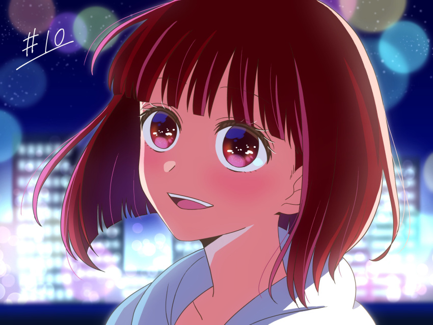 1girl :d annu7 arima_kana blunt_bangs blurry blurry_background blush bob_cut choppy_bangs city city_lights collarbone commentary floating_hair highres hood hoodie inverted_bob lens_flare light_particles looking_at_viewer medium_hair night night_sky no_pupils open_mouth oshi_no_ko portrait red_eyes redhead sky smile solo teeth upper_teeth_only white_hoodie