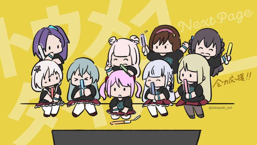 &gt;_&lt; 6+girls :o ^_^ aqua_hair aqua_scrunchie arm_up arms_up assault_lily asymmetrical_bangs black_hair black_shirt blonde_hair blue_ribbon blunt_bangs bow brown_footwear brown_hair brown_pantyhose chibi closed_eyes cousins crossed_bangs double_bun drill_hair flat_screen_tv flower frilled_skirt frills glowstick grey_hair hair_bow hair_bun hair_flower hair_ornament hair_ribbon hair_scrunchie hairband hand_on_another's_head hand_on_lap hand_to_own_mouth hands_up high_ponytail highres holding holding_glowstick honma_akehi ishizuka_fujino kabayaki_(kabayaki_eel) kanba_girls_high_school_uniform kneeling knees_together_feet_apart kon_kanaho long_hair looking_at_another looking_at_object looking_to_the_side low_twintails medium_hair miniskirt miyagawa_takane motion_lines multiple_girls no_mouth open_mouth outstretched_arm outstretched_arms pantyhose parted_lips pink_bow pink_hairband print_shirt purple_hair purple_ribbon red_bow red_skirt ribbon sadamori_himeka school_uniform scrunchie shiozaki_suzume shirt shoes short_sleeves side_ponytail sitting skirt smile solid_oval_eyes sweatdrop tanba_akari television text_background toki_kureha translated twin_drills twintails twitter_username two_side_up watching_television white_flower white_pantyhose wristband yellow_background yokota_haruna