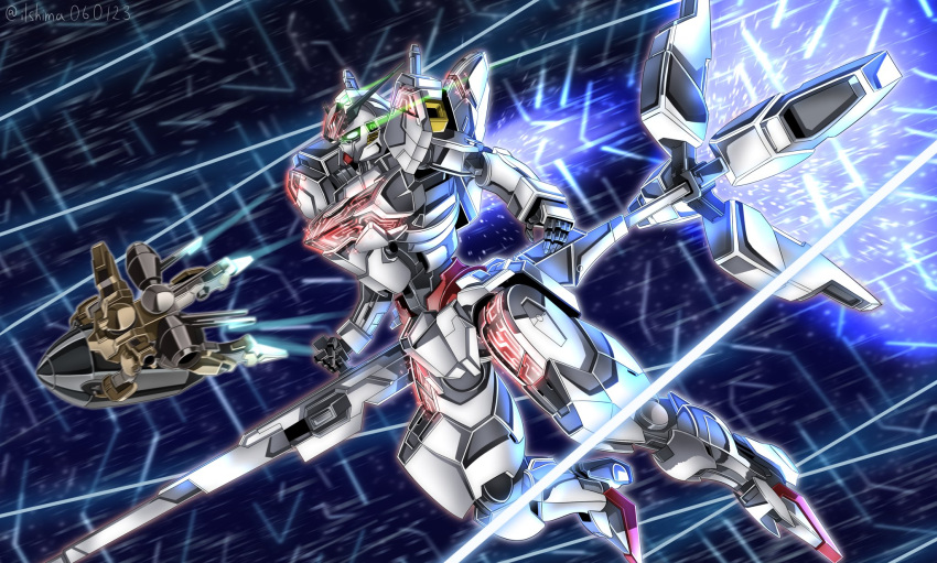 beam_cannon commentary demi_barding energy_cannon exhaust flying glowing glowing_eyes green_eyes gundam gundam_calibarn gundam_suisei_no_majo highres holding holding_cannon holding_weapon mecha mobile_suit no_humans robot science_fiction shimashun thrusters twitter_username v-fin weapon