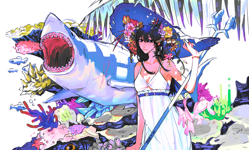 1girl arm_up black_eyes chainsaw_man closed_mouth coral cowboy_shot dress emzok english_commentary fish head_wreath highres holding holding_polearm holding_trident holding_weapon large_hat long_hair looking_at_viewer mitaka_asa palm_tree polearm shark sleeveless sleeveless_dress tree weapon white_background white_dress white_headwear