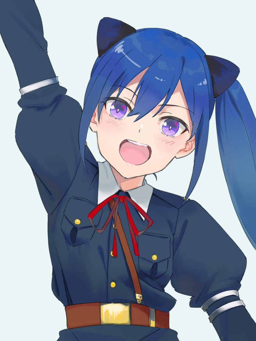1girl :d a.k.a.zkin animal_ears aqua_background arm_at_side arm_up assault_lily belt belt_buckle blue_hair blue_jacket blush breast_pocket brown_belt buckle buttons cat_ears commentary fake_animal_ears hair_between_eyes head_tilt high_ponytail highres ishikawa_aoi jacket juliet_sleeves long_sleeves looking_at_viewer neck_ribbon open_mouth outstretched_arm pocket puffy_sleeves red_ribbon ribbon school_uniform side_ponytail sidelocks simple_background smile solo upper_body violet_eyes