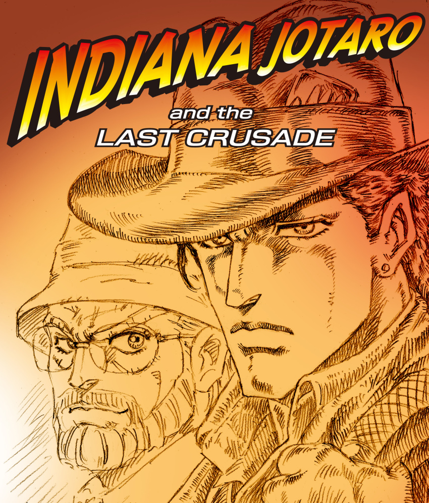 2boys absurdres beard character_name closed_mouth commentary_request cowboy_hat earrings english_text expressionless facial_hair glasses grandfather_and_grandson hat highres indiana_jones_(series) indiana_jones_and_the_last_crusade jewelry jojo_no_kimyou_na_bouken joseph_joestar joseph_joestar_(old) kujo_jotaro light_smile looking_ahead looking_at_viewer mad_sharpen male_focus monochrome multiple_boys old old_man parody sepia single_earring smile stardust_crusaders stud_earrings title_parody