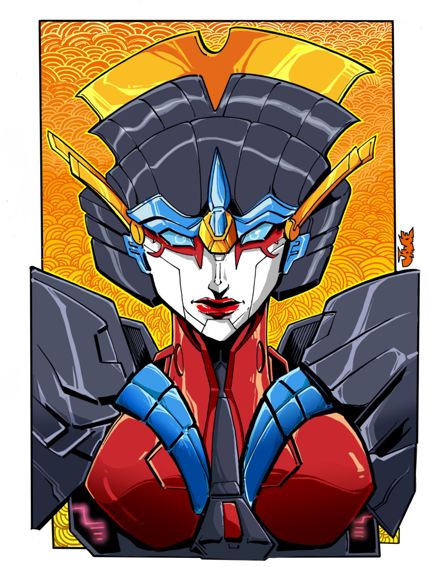 1girl armor blue_eyes breasts highres humanoid_robot inker-guy medium_breasts red_lips robot shoulder_armor solo the_transformers_(idw) transformers upper_body windblade