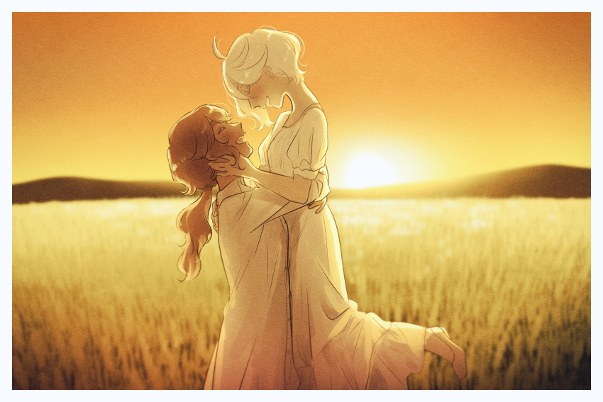 2girls ^_^ ahoge blurry blurry_background blush closed_eyes dress facing_another field from_side gundam gundam_suisei_no_majo highres hug lifting_person miorine_rembran mogggggge multiple_girls outdoors ponytail puffy_short_sleeves puffy_sleeves short_sleeves smile spoilers suletta_mercury sunset white_dress yuri