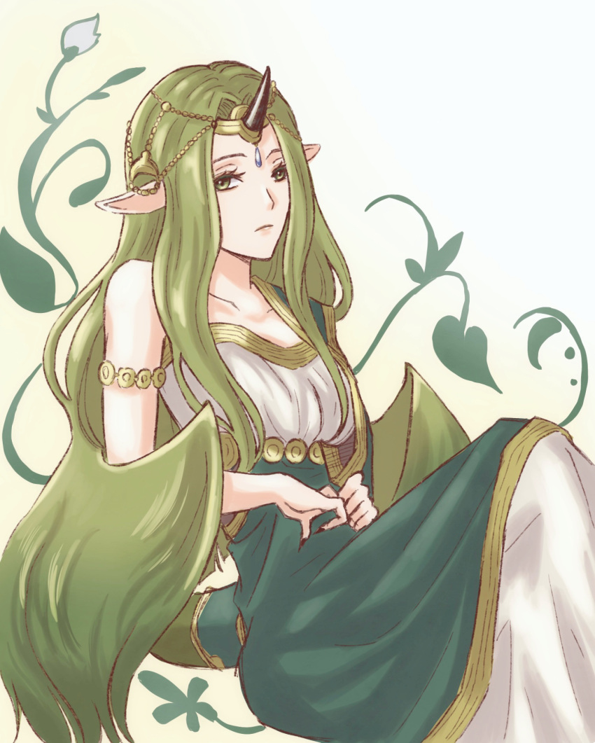 1girl bare_shoulders breasts dragon_girl dragon_horns fire_emblem fire_emblem_echoes:_shadows_of_valentia green_eyes green_hair highres horns large_breasts long_hair looking_at_viewer mila_(fire_emblem) nail_polish pointy_ears solo tea6043