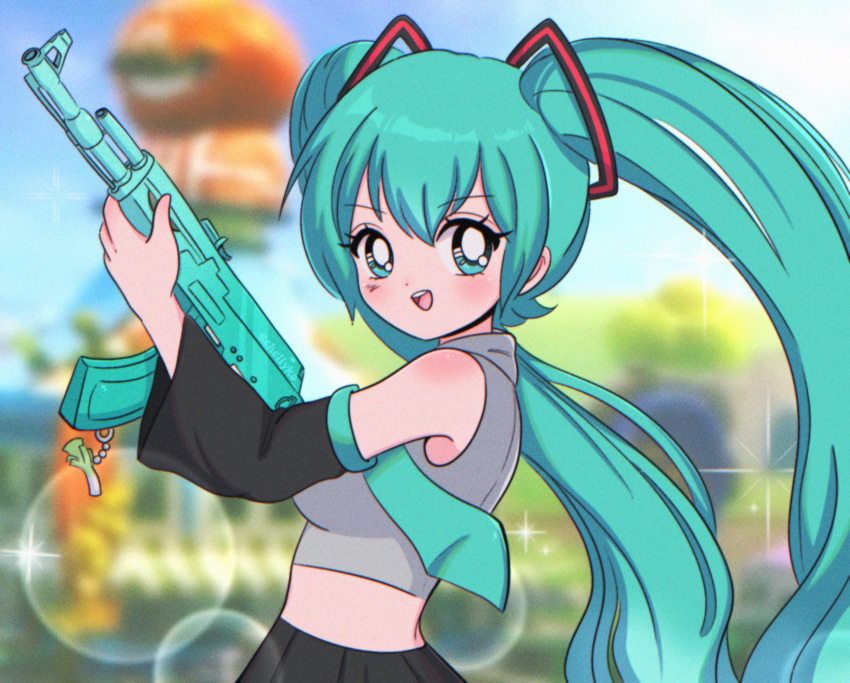 1990s_(style) 1girl black_skirt blue_eyes blue_hair blue_necktie blurry blurry_background blush breasts chelly_(chellyko) clouds crossover depth_of_field detached_sleeves grey_shirt gun hatsune_miku highres holding holding_weapon keychain long_hair long_sleeves looking_at_viewer medium_breasts midriff necktie open_mouth retro_artstyle rifle shirt skirt sky sleeveless sleeveless_shirt smile solo sparkle spring_onion standing teeth twintails upper_body vocaloid weapon