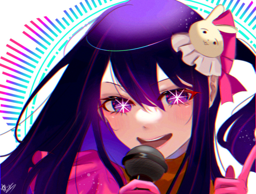 1girl anya_lolz blush chromatic_aberration commentary dress film_grain floating_hair frilled_dress frills gloves hair_ornament hair_ribbon holding holding_microphone hoshino_ai_(oshi_no_ko) index_finger_raised long_hair looking_at_viewer microphone one_side_up open_mouth oshi_no_ko pink_dress pink_gloves pink_ribbon purple_hair rabbit_hair_ornament ribbon sidelocks signature simple_background smile solo star-shaped_pupils star_(symbol) symbol-only_commentary symbol-shaped_pupils teeth turtleneck_dress upper_teeth_only violet_eyes white_background