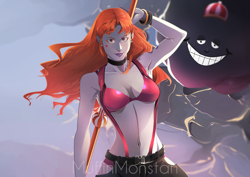 1girl arm_tattoo artist_name bracelet choker closed_mouth clouds earrings facial_mark hat heart highres holding holding_polearm holding_weapon jewelry long_hair looking_at_viewer midriff muffinmonstah nami_(one_piece) navel one_piece orange_hair polearm sleeveless smile tattoo teeth weapon zeus_(one_piece)