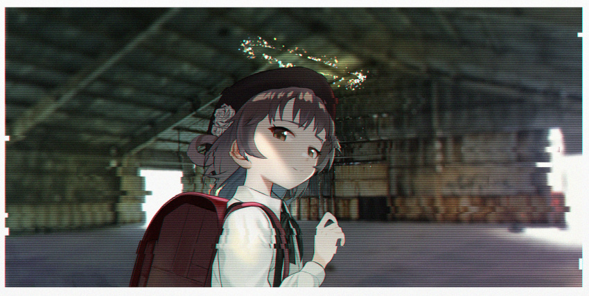 1girl backpack bag beret black_headwear black_ribbon border brown_eyes brown_hair chromatic_aberration closed_mouth collared_shirt commentary_request floating_hair flower from_side gom_(kooskoo) hair_flower hair_ornament half-closed_eyes halo hand_up hat hatoba_tsugu highres indoors long_sleeves looking_at_viewer looking_to_the_side medium_hair neck_ribbon overexposure randoseru red_bag ribbon rose rust scanlines shirt single_hair_ring smile solo suspenders tsugu_(vtuber) upper_body vhs_artifacts virtual_youtuber warehouse white_border white_flower white_rose white_shirt
