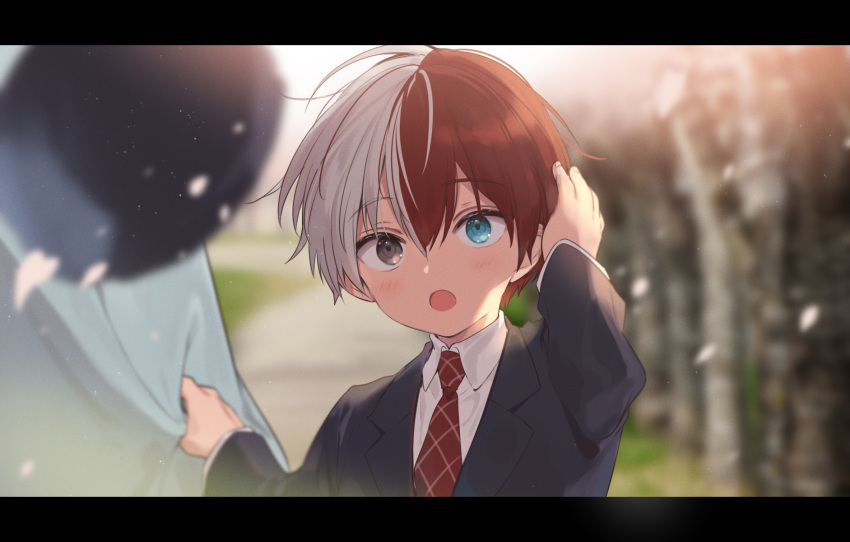 1boy :o aged_down aqua_eyes blazer blurry blurry_background blush boku_no_hero_academia brown_eyes clothes_grab collared_shirt commentary_request gugugunogu hands_up heterochromia highres jacket lapels letterboxed long_sleeves male_child male_focus multicolored_hair necktie open_mouth petals redhead shirt short_hair solo split-color_hair todoroki_shouto two-tone_hair upper_body white_hair