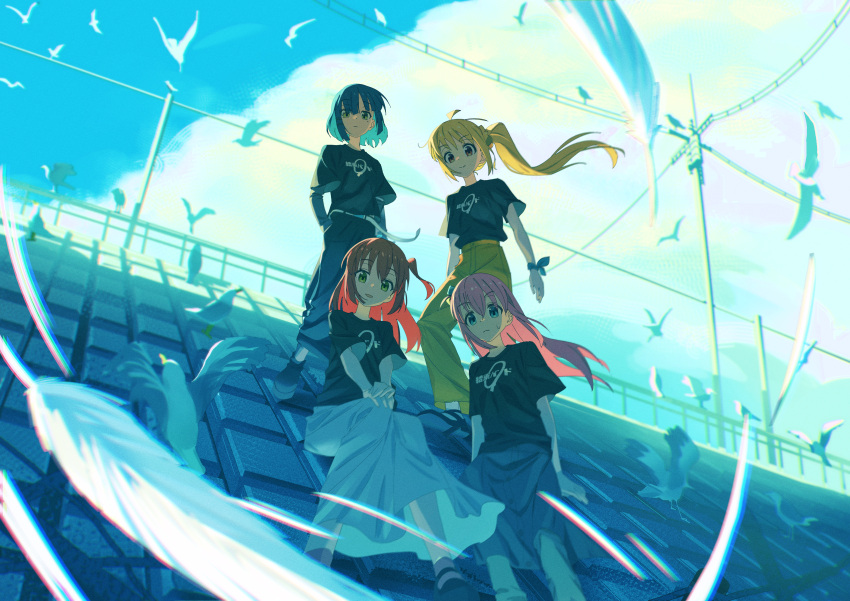 4girls absurdres ahoge aqua_theme belt bird black_shirt blonde_hair blue_hair blue_theme bocchi_the_rock! clothes_writing commentary day english_commentary expressionless feet_out_of_frame floating_hair from_below full_body gotou_hitori hair_between_eyes hand_in_pocket hands_on_own_knee highres ijichi_nijika jdge kessoku_band_logo kessoku_band_t-shirt kita_ikuyo long_hair long_skirt looking_at_viewer mole mole_under_eye multiple_girls one_side_up outdoors pants pink_hair power_lines redhead shirt short_hair short_sleeves side_ponytail skirt smile standing white_skirt wide_shot wind yamada_ryou yellow_pants