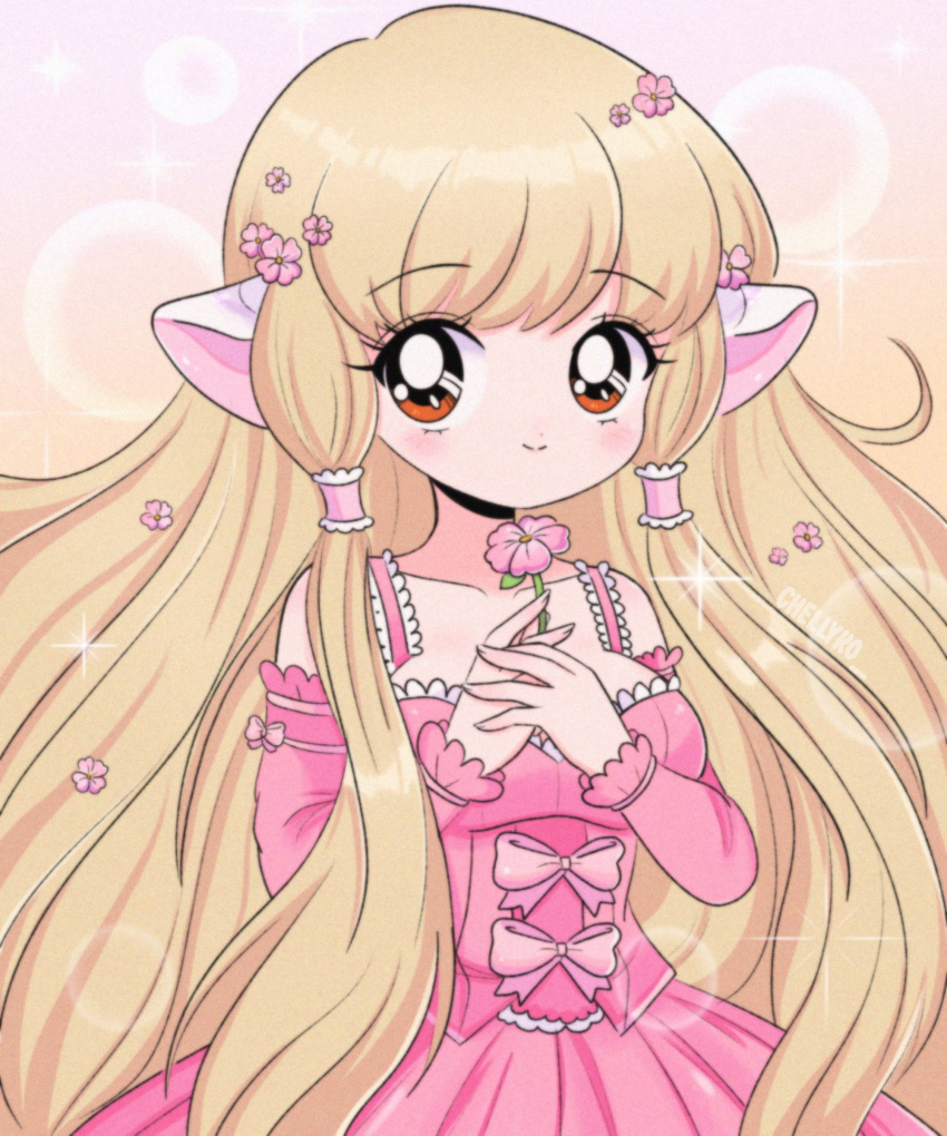 1990s_(style) 1girl absurdres android blonde_hair blush bow breasts brown_eyes bubble_background chelly_(chellyko) chii chobits collarbone detached_sleeves dress flower hair_flower hair_ornament hair_tubes highres holding holding_flower long_hair long_sleeves looking_at_viewer medium_breasts pink_background pink_bow pink_dress pink_flower retro_artstyle robot robot_ears sleeveless sleeveless_dress smile sparkle standing two-tone_background yellow_background