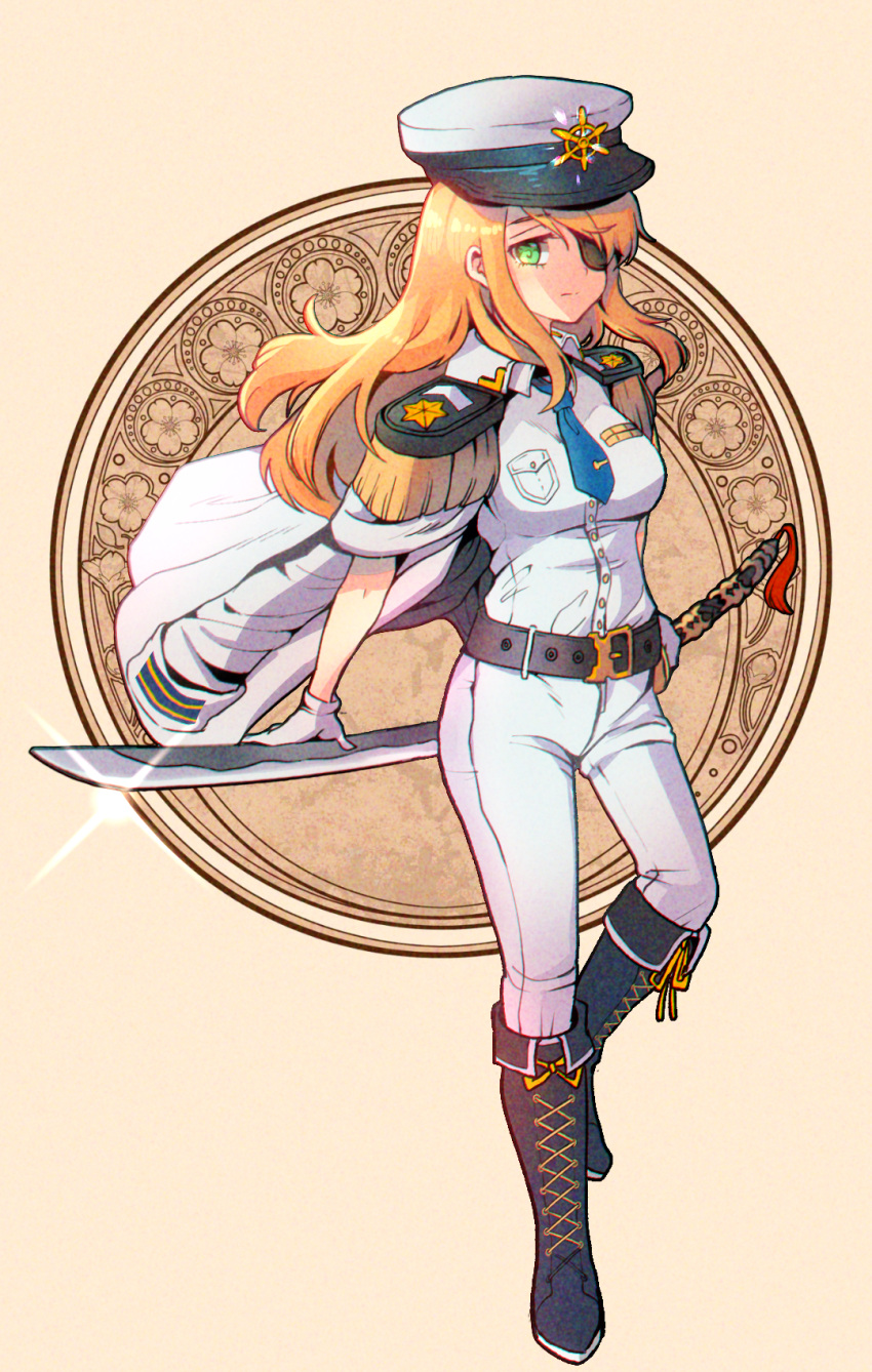 1girl arimura_marron belt belt_buckle black_belt black_footwear blonde_hair boots breasts brown_background buckle closed_mouth collared_shirt copyright_request cross-laced_footwear dress_shirt epaulettes eyepatch full_body green_eyes hair_over_one_eye hat highres holding holding_sword holding_weapon jacket jacket_on_shoulders lace-up_boots long_hair medium_breasts pants peaked_cap shirt solo sword weapon white_headwear white_jacket white_pants white_shirt