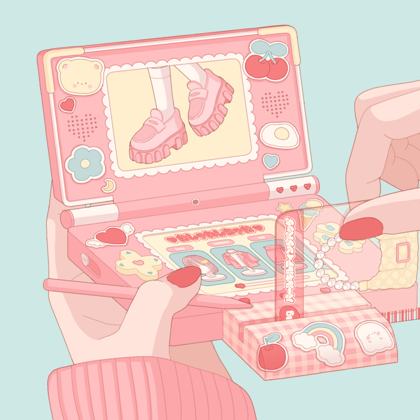 1girl absurdres card_reader commentary fashion fingernails floral_print flower handheld_game_console highres holding holding_handheld_game_console long_sleeves nail_polish nekomaru0817 nintendo_ds original out_of_frame pastel_colors pink_footwear pink_hair pink_nails pink_skirt pink_theme playing_games shoes simple_background skirt solo sticker symbol-only_commentary