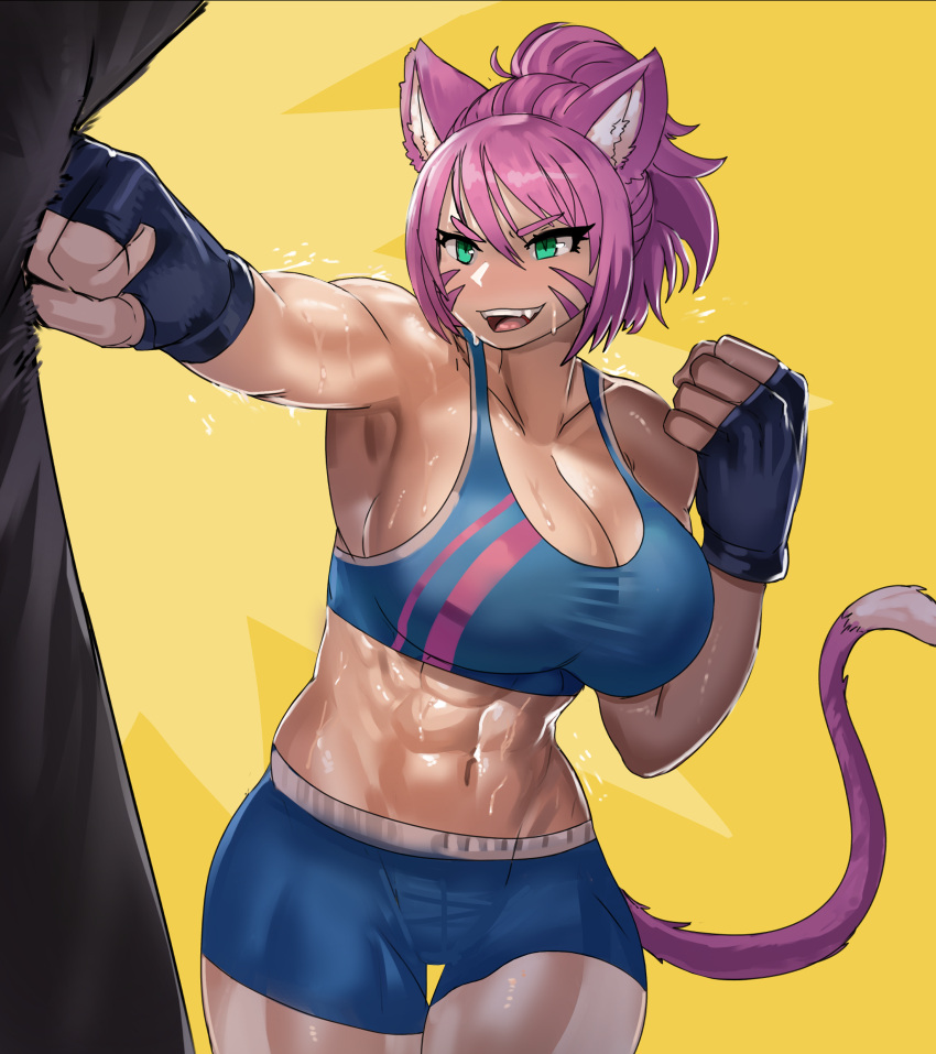 abs absurdres animal_ears boxing cat_ears cat_tail exercise ezzyecchi final_fantasy final_fantasy_xiv flying_sweatdrops green_eyes gym_uniform highres miqo'te muscular muscular_female non-web_source open_mouth pink_hair ponytail punching punching_bag short_hair smile sports_bra sweat tail tomboy warrior_of_light_(ff14)
