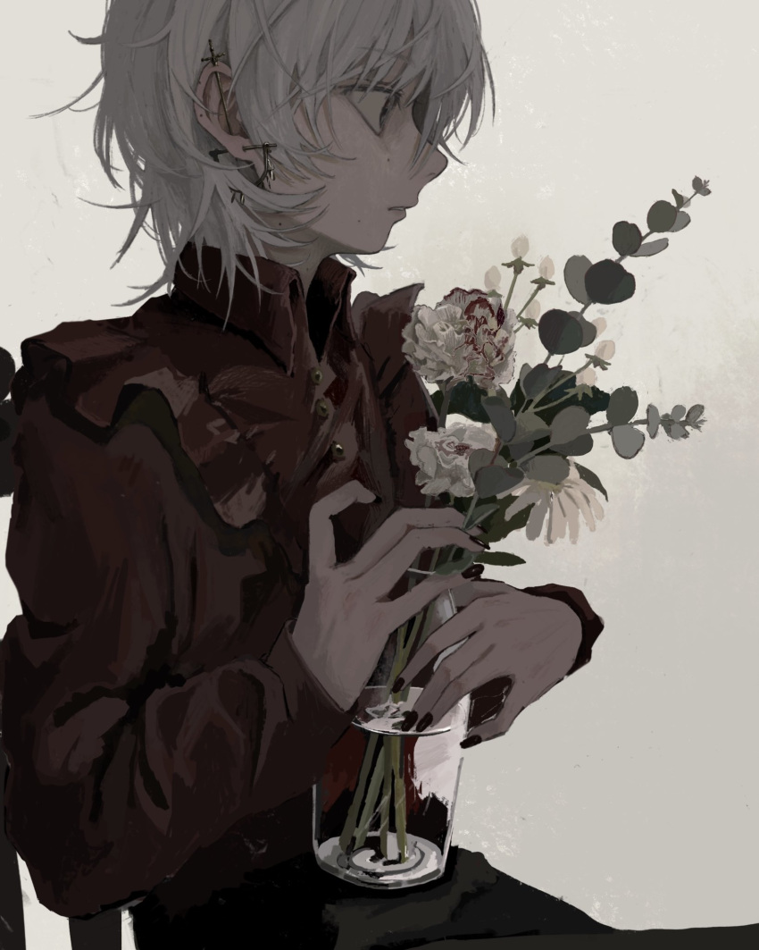 1other collared_shirt ear_piercing end80236189 flower highres holding holding_vase long_sleeves nail_polish original other_focus piercing profile red_shirt shirt short_hair simple_background solo white_hair