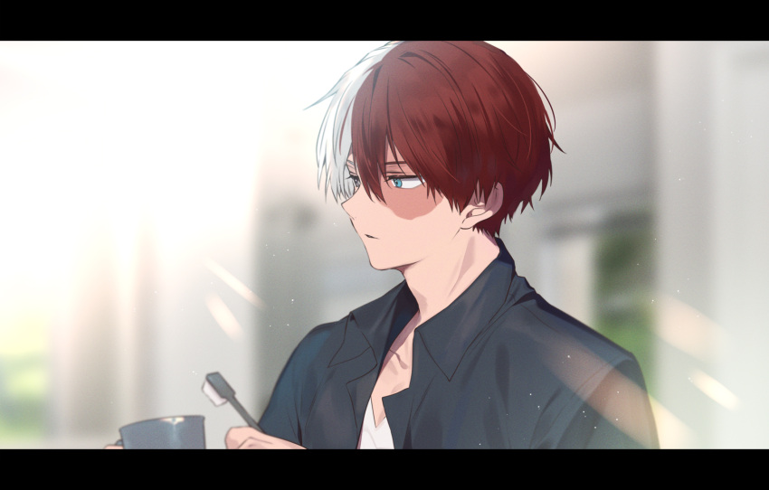 1boy aqua_eyes blurry blurry_background boku_no_hero_academia brown_eyes burn_scar collared_shirt commentary_request gugugunogu heterochromia highres holding holding_toothbrush letterboxed male_focus multicolored_hair redhead scar scar_on_face shirt short_hair solo todoroki_shouto toothbrush two-tone_hair upper_body white_hair