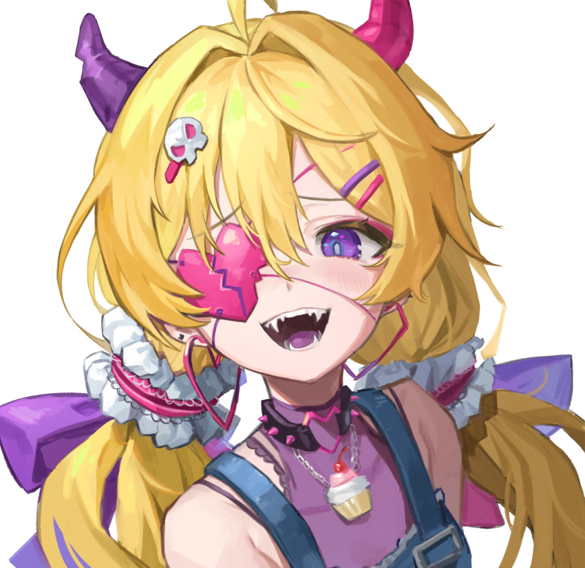 1girl blonde_hair blush broken_heart_print cupcake eyepatch fangs food hair_ornament hairpin highres horns jewelry lerome looking_at_viewer makeup mascara necklace open_mouth original overalls ribbon smile solo strap twintails violet_eyes