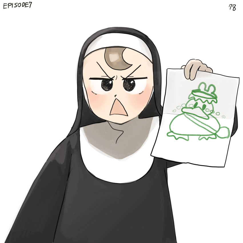 1girl brown_hair child's_drawing diva_(hyxpk) froggy_nun_(diva) habit highres holding holding_paper numbered nun original paper simple_background triangle_mouth white_background