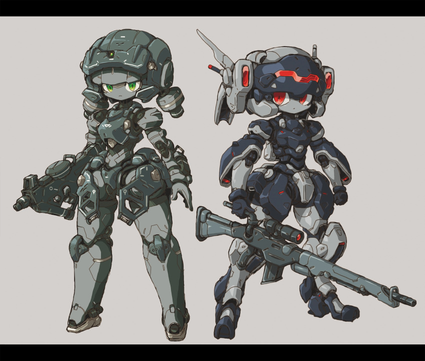 2girls full_body green_eyes grey_background gun highres holding holding_gun holding_weapon humanoid_robot kuruton486 letterboxed looking_at_viewer multiple_girls open_hand original red_eyes rifle robot science_fiction simple_background sniper_rifle weapon