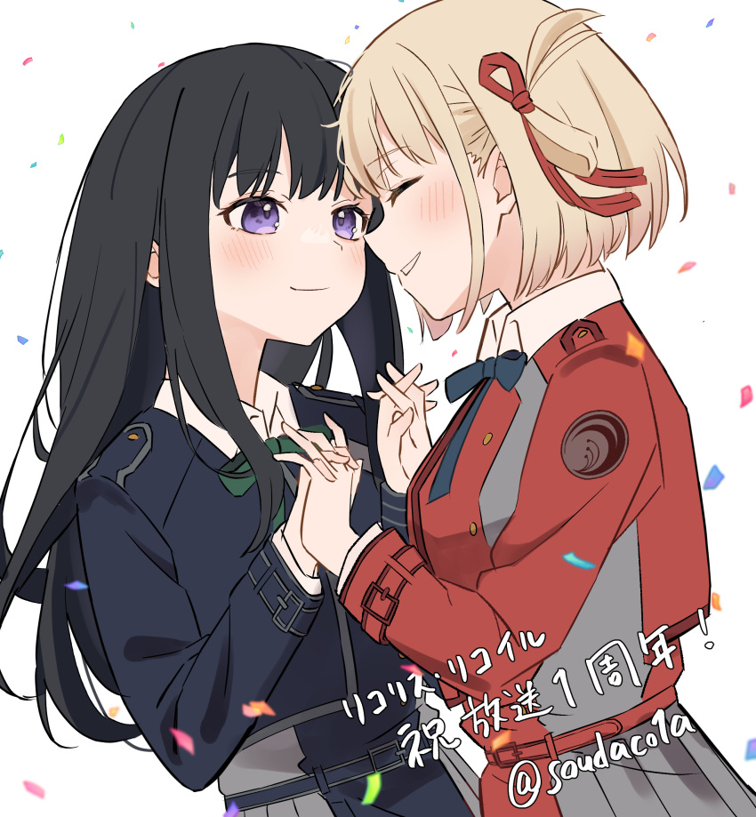 2girls belt black_hair blonde_hair blue_belt blue_dress blue_ribbon blush bob_cut closed_eyes closed_mouth collared_shirt commentary_request confetti dress green_ribbon grey_dress hair_ribbon highres inoue_takina interlocked_fingers long_hair long_sleeves looking_at_another lycoris_recoil lycoris_uniform multiple_girls neck_ribbon nishikigi_chisato one_side_up open_mouth red_belt red_dress red_ribbon ribbon shirt short_hair sidelocks simple_background smile souda_(soudaco1a) translation_request twitter_username two-tone_dress violet_eyes white_background white_shirt yuri