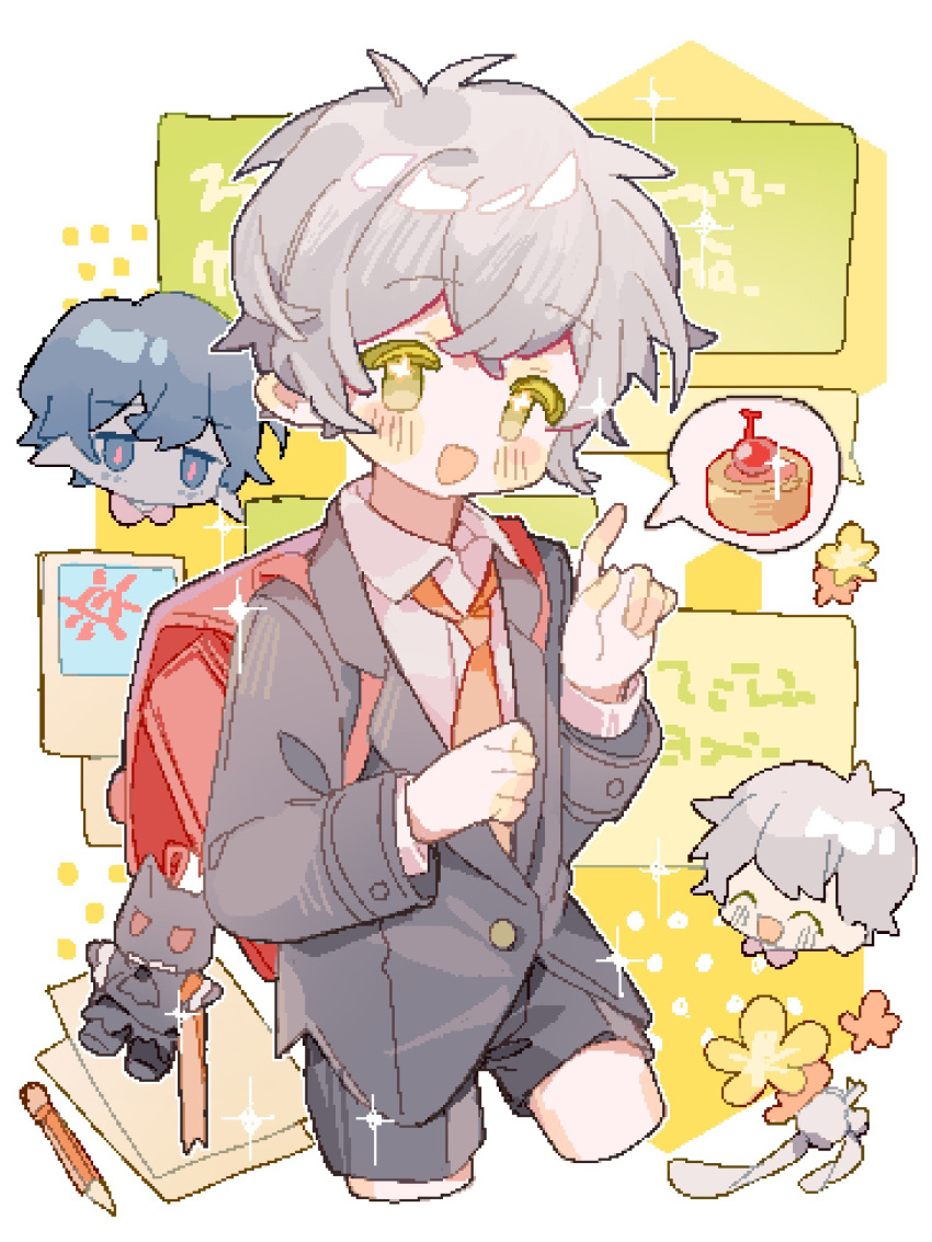 2boys alternate_costume arknights backpack bag blazer blue_eyes blue_hair closed_eyes colored_skin crossed_bangs faust_(arknights) flower flower-shaped_pupils food grey_hair grey_jacket grey_shorts grey_skin hand_up highres jacket jitome long_sleeves looking_at_viewer mephisto_(arknights) multiple_boys necktie open_mouth paper pencil pixelated pointy_ears randoseru red_necktie saucer_(saucer752) school_uniform shirt short_hair shorts simple_background smile sparkle speech_bubble symbol-shaped_pupils white_background white_shirt yellow_eyes