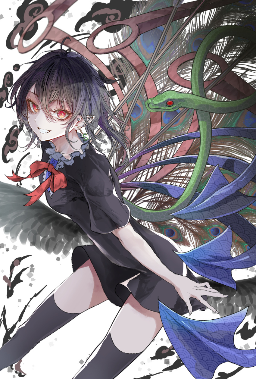1girl asymmetrical_wings black_dress black_hair black_thighhighs blue_wings breasts commentary dress eyelashes feet_out_of_frame hair_between_eyes hegata_(hegatia_lapis) highres houjuu_nue long_hair looking_at_viewer pointy_ears red_eyes red_wings simple_background small_breasts snake solo thigh-highs touhou white_background wings