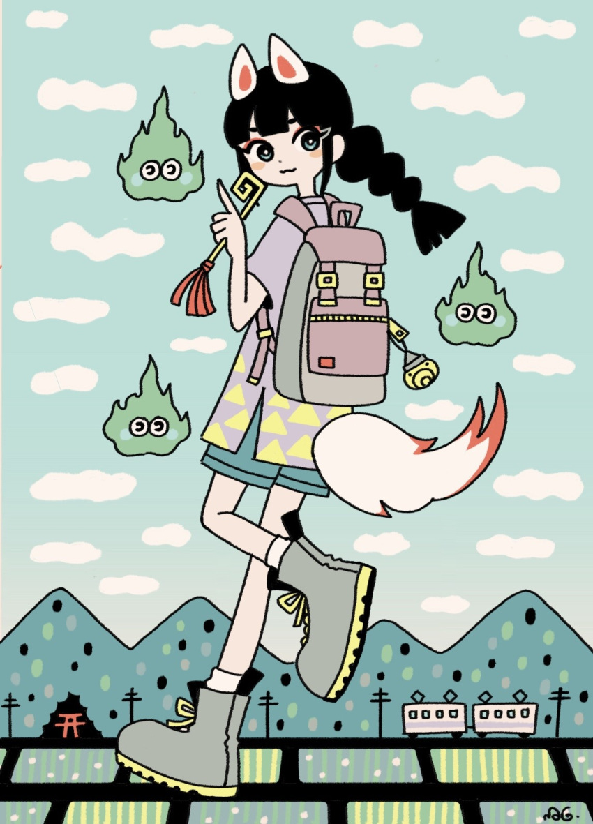 1girl animal_ears backpack bag black_hair blue_eyes blue_shorts boots braid braided_ponytail bright_pupils clouds cloudy_sky fire from_behind garouma green_fire green_sky grey_footwear highres holding index_finger_raised looking_at_viewer looking_back original print_shirt purple_shirt shirt short_sleeves shorts sky socks solo tail torii train triangle_print white_pupils white_socks