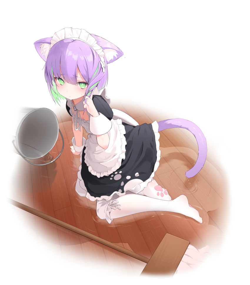 1girl absurdres animal_ear_fluff animal_ears apron black_dress bucket cat_ears cat_girl cat_tail chocpocalypse dress fallen_down green_eyes green_hair highres holding holding_hair indie_virtual_youtuber kneeling looking_at_viewer maid maid_headdress mop multicolored_hair no_shoes pantyhose pink_hair short_hair short_sleeves shwaa solo tail two-tone_hair virtual_youtuber water wet wet_clothes white_apron white_pantyhose wrist_cuffs