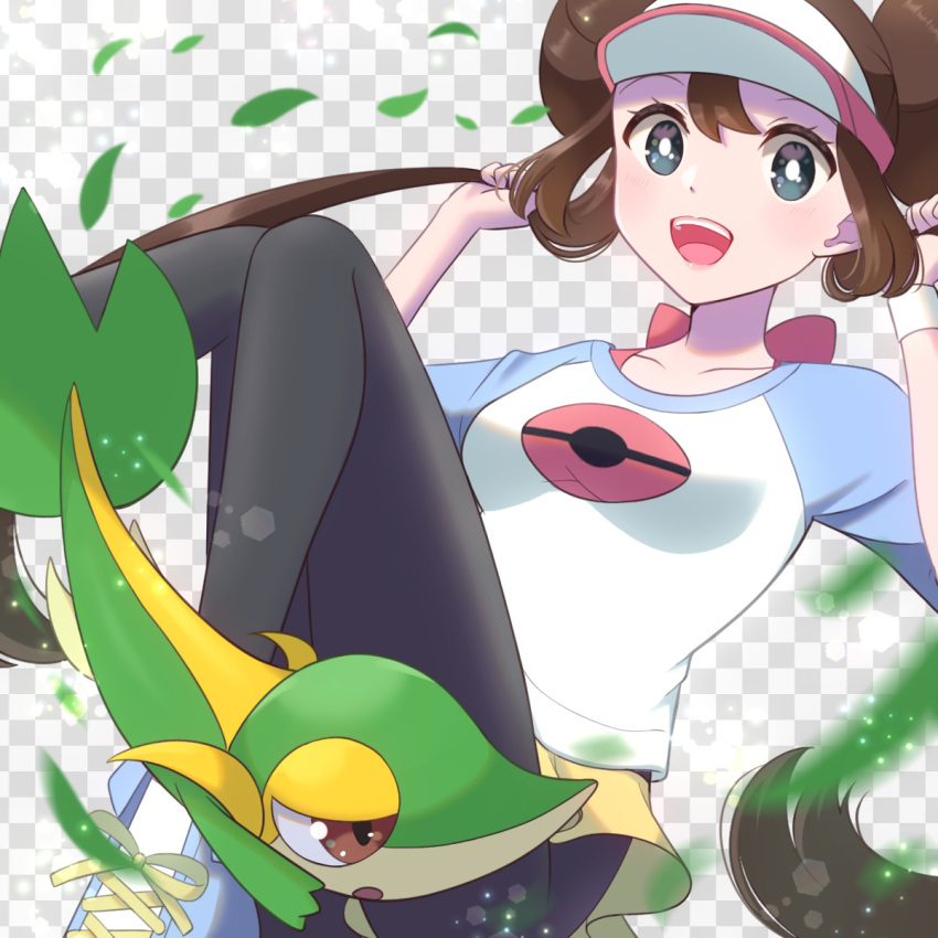 1girl :d black_pantyhose breasts brown_hair checkered_background collarbone commentary_request double_bun doughnut_hair_bun hair_bun hands_up happy highres leaf nemunemu_0826 open_mouth pantyhose pokemon pokemon_(creature) pokemon_(game) pokemon_bw2 raglan_sleeves rosa_(pokemon) shirt shoes shorts smile sneakers snivy teeth tongue twintails upper_teeth_only visor_cap white_headwear yellow_shorts