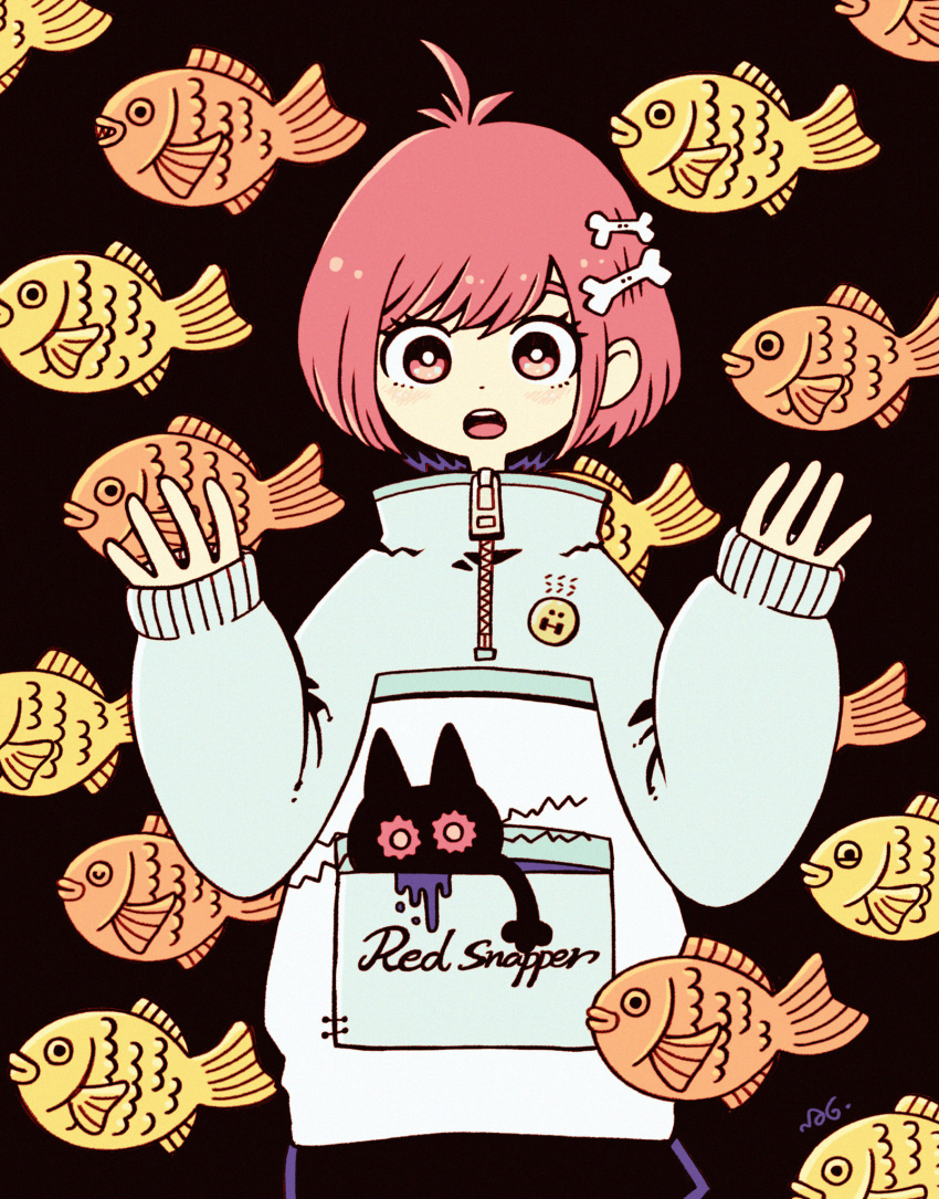 1girl black_background bone_hair_ornament cat food garouma hair_ornament hands_up highres looking_at_viewer open_mouth original patterned_background pocket print_coat red_eyes redhead short_hair sleeves_past_wrists solo taiyaki wagashi zipper zipper_pull_tab