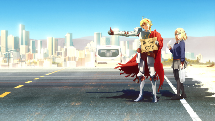 1boy 1girl armor belt blonde_hair blue_eyes braid cape car desert fate/strange_fake fate_(series) full_armor gauntlets greaves highres highway hitchhiker's_thumb hitchhiking holding holding_sign key_visual knight looking_at_viewer motor_vehicle official_art one_eye_closed pantyhose plate_armor pleated_skirt promotional_art red_cape richard_i_(fate) road sajou_ayaka_(fate/strange_fake) short_hair shoulder_armor sign skirt smile sweater thumbs_up