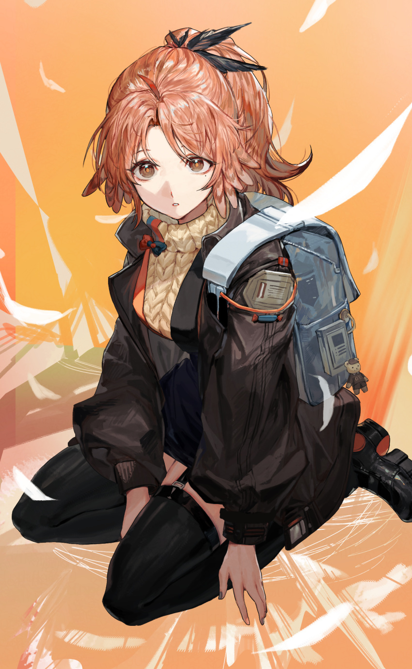 1girl ahoge arknights backpack bag black_bow black_footwear black_thighhighs boots bow brown_jacket brown_sweater carol0905 falling_feathers feather_hair grey_bag hair_bow high_ponytail highres jacket long_hair looking_at_viewer orange_background orange_eyes orange_hair parted_lips pinecone_(arknights) sidelocks sitting solo sweater thigh-highs turtleneck turtleneck_sweater yokozuwari