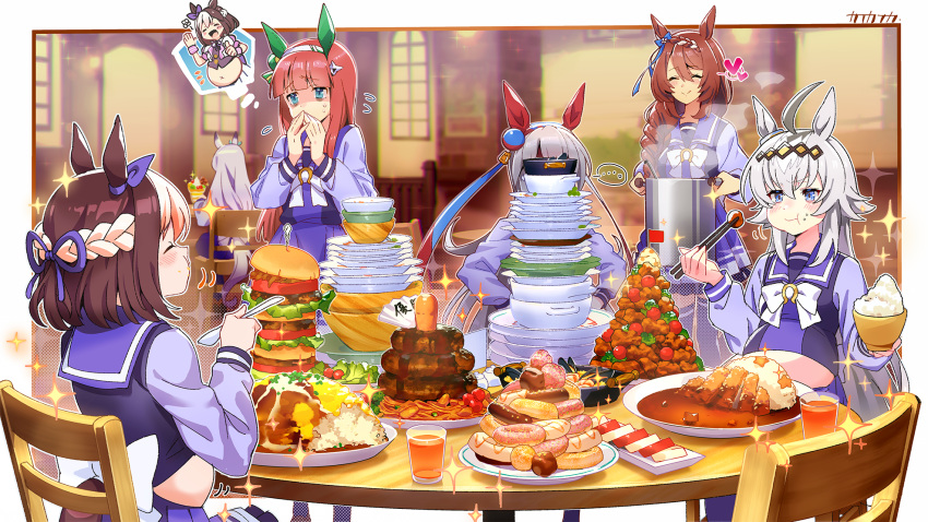 ... 6+girls :t ahoge animal_ears aqua_bow big_belly blue_bow blunt_bangs bow bowl bowtie braid brown_hair burger carrot carrot_juice chair cherry_tomato chopsticks closed_eyes commentary cropped_jacket curry curry_rice doughnut ear_bow ear_covers ear_ornament eating flying_sweatdrops food food_on_face french_braid fried_chicken fried_rice grey_hair hair_between_eyes hair_ornament hair_ribbon hairband hamburger_steak hand_fan headband highres hime_cut holding holding_bowl holding_chopsticks holding_cooking_pot holding_spoon horse_ears horse_girl horse_tail imagining indoors lettuce light_brown_hair light_purple_hair long_hair long_sleeves mejiro_mcqueen_(umamusume) motion_lines multicolored_hair multiple_girls mussel napolitan oguri_cap_(umamusume) orange_hair overload_(artist) paper_fan parfait plate plate_stack puffy_short_sleeves puffy_sleeves purple_bow purple_sailor_collar purple_shirt red_headband ribbon rice sailor_collar sailor_shirt school_uniform shaded_face shirt short_hair short_sleeves sidelocks silence_suzuka_(umamusume) sitting sparkle special_week_(umamusume) spoken_ellipsis spoon steam super_creek_(umamusume) table tail tamamo_cross_(umamusume) thought_bubble tomato tonkatsu too_much_food tracen_school_uniform two-tone_hair umamusume upper_body waist_bow waving when_you_see_it white_bow white_bowtie white_hair white_hairband winter_uniform wooden_chair wooden_table yellow_hairband