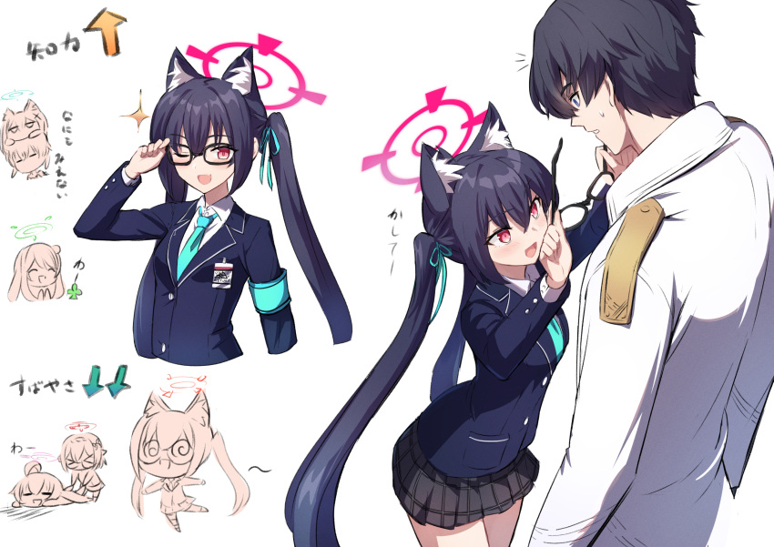 1boy 5girls :d animal_ear_fluff animal_ears aqua_necktie armband ayane_(blue_archive) black-framed_eyewear black_hair blazer blue_archive blue_eyes blue_jacket blush cat_ears check_translation chibi coat fang foreclosure_task_force_(blue_archive) glasses grey_skirt hair_between_eyes halo highres hoshino_(blue_archive) id_card irrwisch jacket long_hair long_sleeves looking_at_viewer multiple_girls necktie nonomi_(blue_archive) notice_lines one_eye_closed partially_translated plaid plaid_skirt problem_solver_sensei_(blue_archive) red_eyes sensei_(blue_archive) serika_(blue_archive) shiroko_(blue_archive) short_hair simple_background sketch skin_fang skirt smile sweat translation_request twintails white_background white_coat