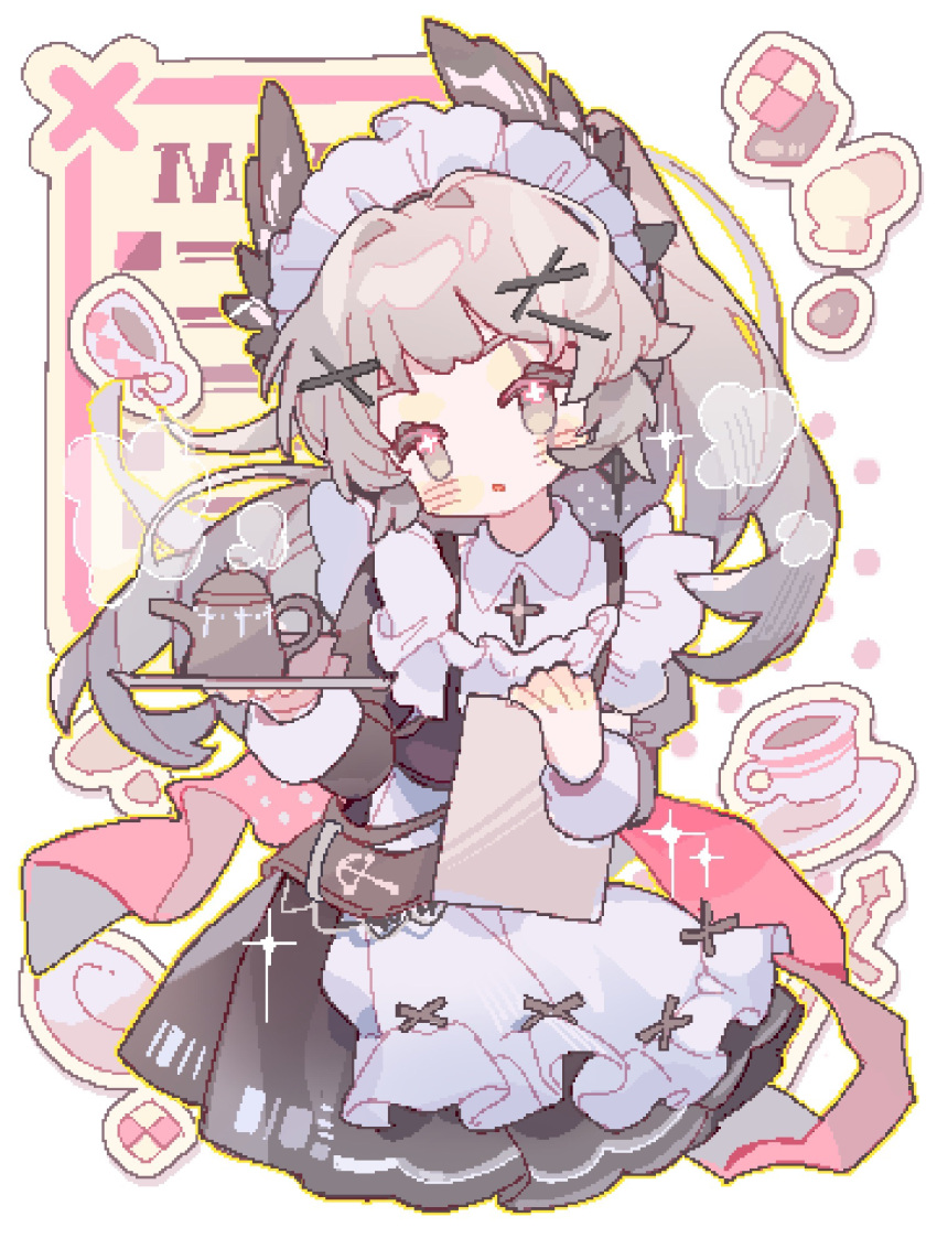 1girl :o alternate_costume apron arknights black_dress cowboy_shot cup dress enmaided feather_hair flower-shaped_pupils frilled_apron frills grey_eyes grey_hair hair_ornament head_tilt highres holding holding_menu holding_tray irene_(arknights) irene_(voyage_of_feathers)_(arknights) long_hair long_sleeves maid maid_headdress menu official_alternate_costume open_mouth outline pixelated ponytail saucer_(saucer752) simple_background solo symbol-shaped_pupils teacup teapot tray visible_air white_apron white_background x_hair_ornament