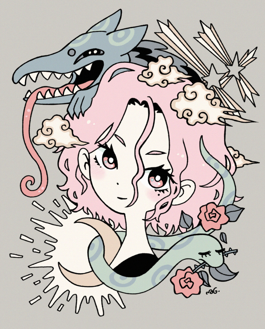 1girl bright_pupils closed_eyes clouds creature crescent_moon flower garouma grey_background hair_between_eyes highres looking_at_viewer moon original pink_eyes pink_hair portrait red_flower short_hair simple_background smile snake solo star_(symbol) thorns tongue tongue_out white_pupils