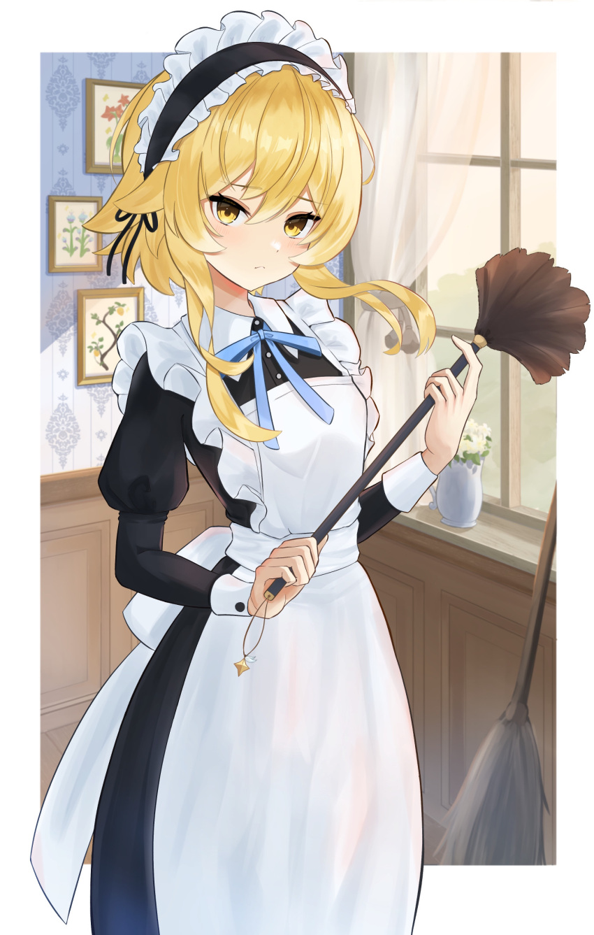 1girl alternate_costume apron black_dress blonde_hair blue_ribbon blush border broom buttons collared_dress commentary_request dress duster flower frilled_apron frills frown genshin_impact hair_between_eyes highres holding holding_duster indoors juliet_sleeves long_sleeves lumine_(genshin_impact) maid maid_apron maid_headdress painting_(object) puffy_sleeves ribbon short_hair_with_long_locks shuvalun8 solo vase white_apron white_border wrist_cuffs yellow_eyes