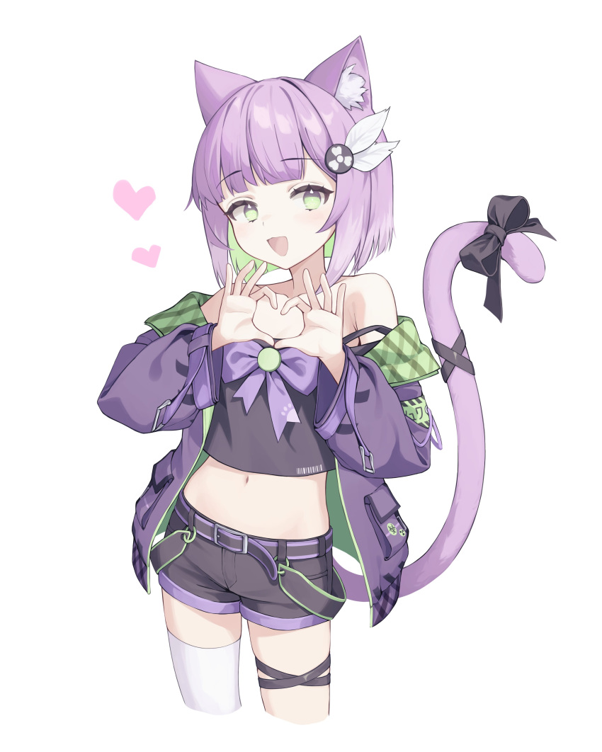 1girl :d absurdres animal_ear_fluff animal_ears black_camisole black_shorts bow camisole cat_ears cat_girl cat_tail colored_inner_hair crop_top ellu green_eyes green_hair heart heart_hands highres indie_virtual_youtuber jacket multicolored_hair navel off_shoulder open_clothes open_jacket open_mouth purple_jacket short_hair short_shorts shorts shwaa single_thighhigh smile strap_slip tail tail_bow tail_ornament thigh-highs thigh_strap two-tone_hair violet_eyes virtual_youtuber white_thighhighs