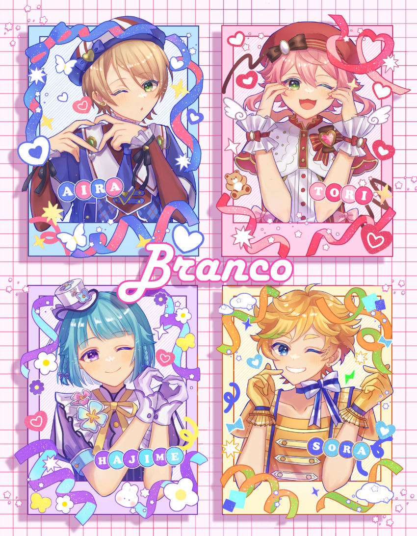 4boys absurdres androgynous blonde_hair blue_background blue_border blue_eyes blue_hair blue_headwear blue_shirt blue_vest blush border branco_(ensemble_stars!) bug butterfly character_name closed_mouth clouds confetti double_finger_heart earrings ensemble_stars! flower gloves green_eyes harukawa_sora hat heart heart_hands heart_of_string highres himemiya_tori jewelry light_blue_background light_blue_hair long_sleeves looking_at_viewer male_focus mini_hat mini_top_hat multicolored_background multicolored_shirt multiple_boys neck_ribbon official_alternate_costume one_eye_closed open_mouth orange_gloves orange_shirt pink_background pink_hair purple_background purple_border purple_gloves purple_shirt rabbit red_background red_headwear red_shirt ribbon riri_(riri_nemuioo0) shino_hajime shiratori_aira_(ensemble_stars!) shirt short_hair short_sleeves smile star_(symbol) striped striped_background stuffed_animal stuffed_toy teddy_bear teeth top_hat vest violet_eyes white_shirt wings yellow_background yellow_butterfly