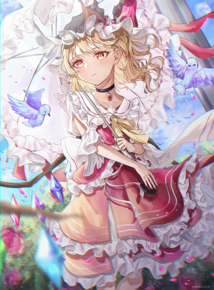1girl absurdres adapted_costume bird bird_request black_choker blonde_hair bloom choker chromatic_aberration collarbone crystal day feet_out_of_frame flandre_scarlet floating_hair flower gagaku_kawa_rei hat highres holding holding_umbrella light_blush long_hair looking_to_the_side mob_cap outdoors parted_lips pointy_ears purple_flower red_flower red_skirt red_vest skirt skirt_set solo teeth touhou umbrella vest wings