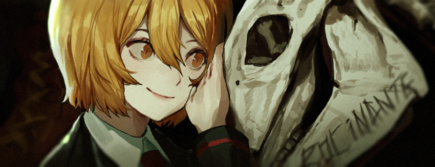 1girl animal_skull black_jacket blonde_hair carol0905 closed_mouth collared_shirt don_quixote_(limbus_company) hair_between_eyes jacket limbus_company long_sleeves necktie portrait project_moon red_necktie shirt short_hair skull smile white_shirt yellow_eyes