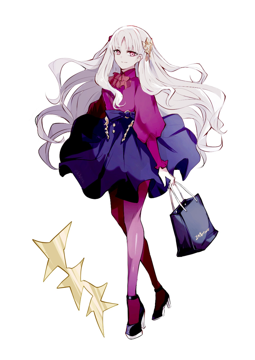 1girl absurdres ascot bag black_footwear blue_skirt closed_mouth commentary fate/strange_fake fate_(series) fillia_(fate) floating_hair full_body hair_ornament high_heels highres holding long_hair long_sleeves looking_at_viewer pantyhose parted_bangs pink_eyes puffy_sleeves purple_pantyhose purple_shirt red_ascot shirt shopping_bag simple_background skirt smile sodamachi solo white_background white_hair