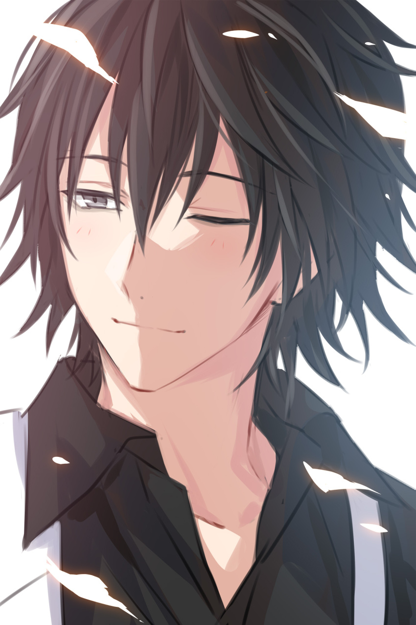 1boy black_eyes black_hair character_request closed_mouth collared_shirt commentary_request hair_between_eyes helios_rising_heroes highres male_focus one_eye_closed partial_commentary portrait sekina shirt short_hair solo white_background