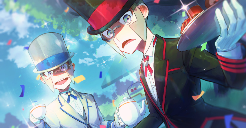 2boys blurry buttons clouds collared_shirt commentary_request confetti cup day emmet_(pokemon) emmet_(special_costume)_(pokemon) gloves grass grey_eyes grey_hair hat highres holding ingo_(pokemon) ingo_(special_costume)_(pokemon) jacket male_focus maruito_(marui_27) monocle multiple_boys official_alternate_costume outdoors pokemon pokemon_(game) pokemon_masters_ex shirt short_hair sideburns sky teacup teapot top_hat white_gloves white_shirt