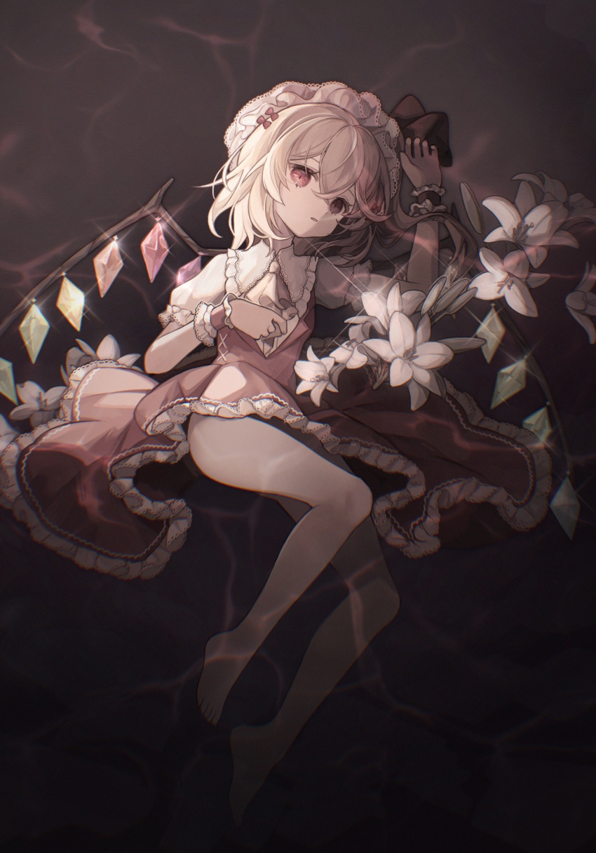 1girl barefoot blonde_hair collared_shirt crystal flandre_scarlet frilled_shirt_collar frilled_skirt frills full_body hair_between_eyes hat highres long_hair mob_cap one_side_up open_mouth rcs_4 red_eyes red_skirt red_vest shirt short_sleeves skirt slit_pupils solo touhou vest white_headwear white_shirt wings